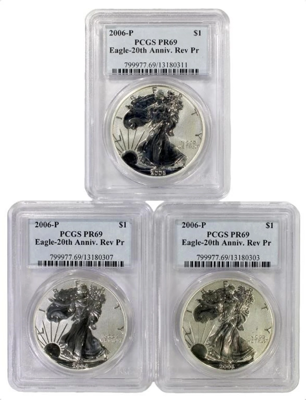 PCGS PF-69 2006 Reverse Proof Silver Eagle Trio