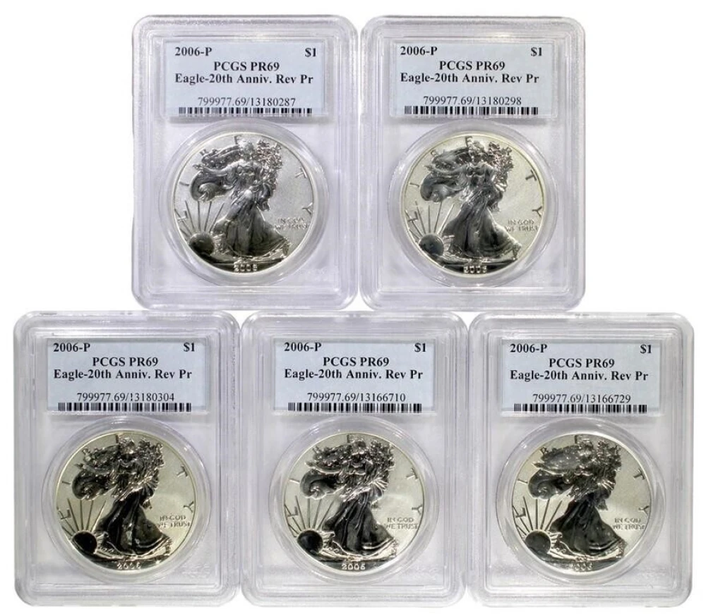 5 Pcs PCGS Pr-69 2006 Reverse Proof Silver Eagles
