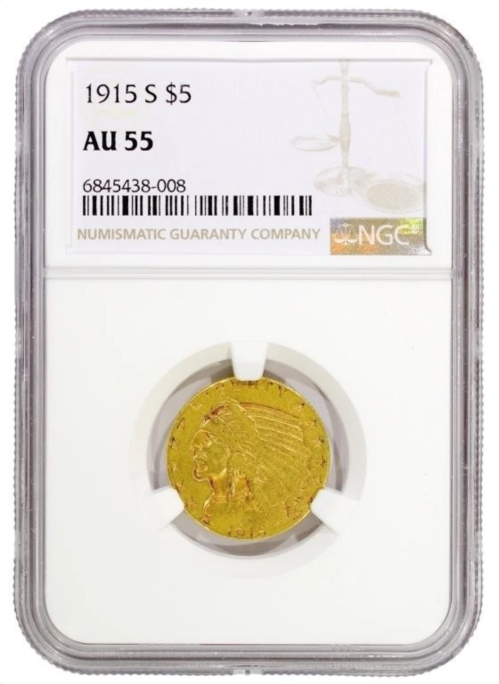 NGC AU-55 1915-S $5 Gold Indian