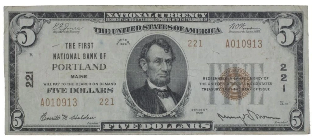 VF 1929 Portland ME $5 National