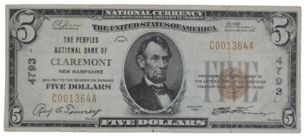 VF 1929 Claremont NH $5 National