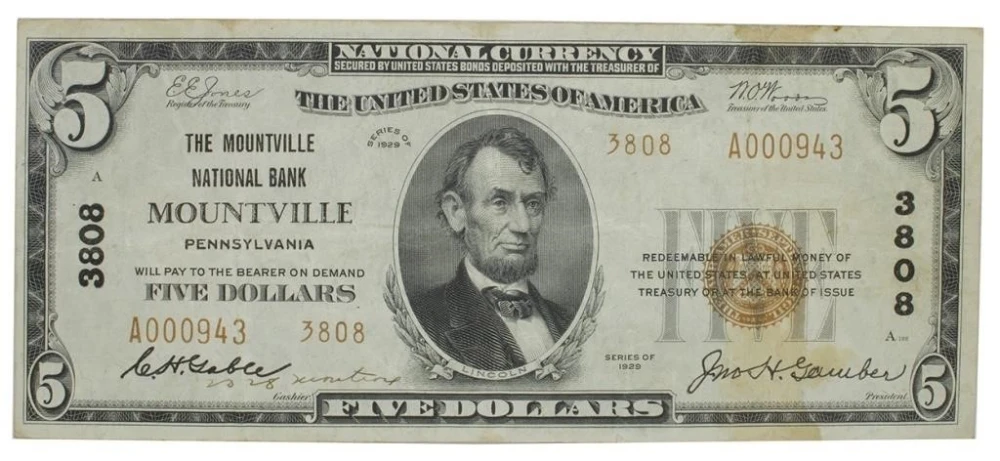 VF 1929 Mountville PA $5 National