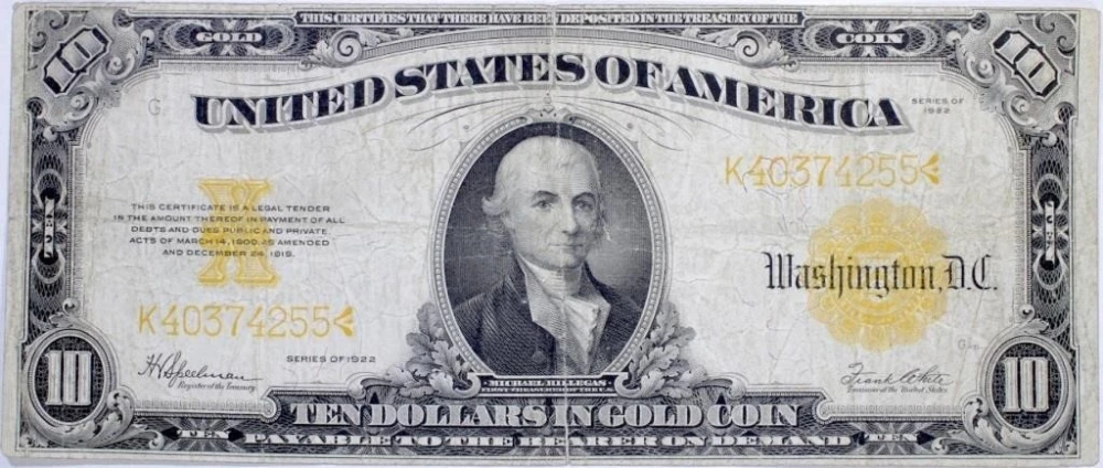 F+ 1922 $10 Gold Note
