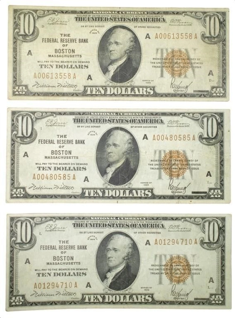 Trio of 1929 $10 National Currency