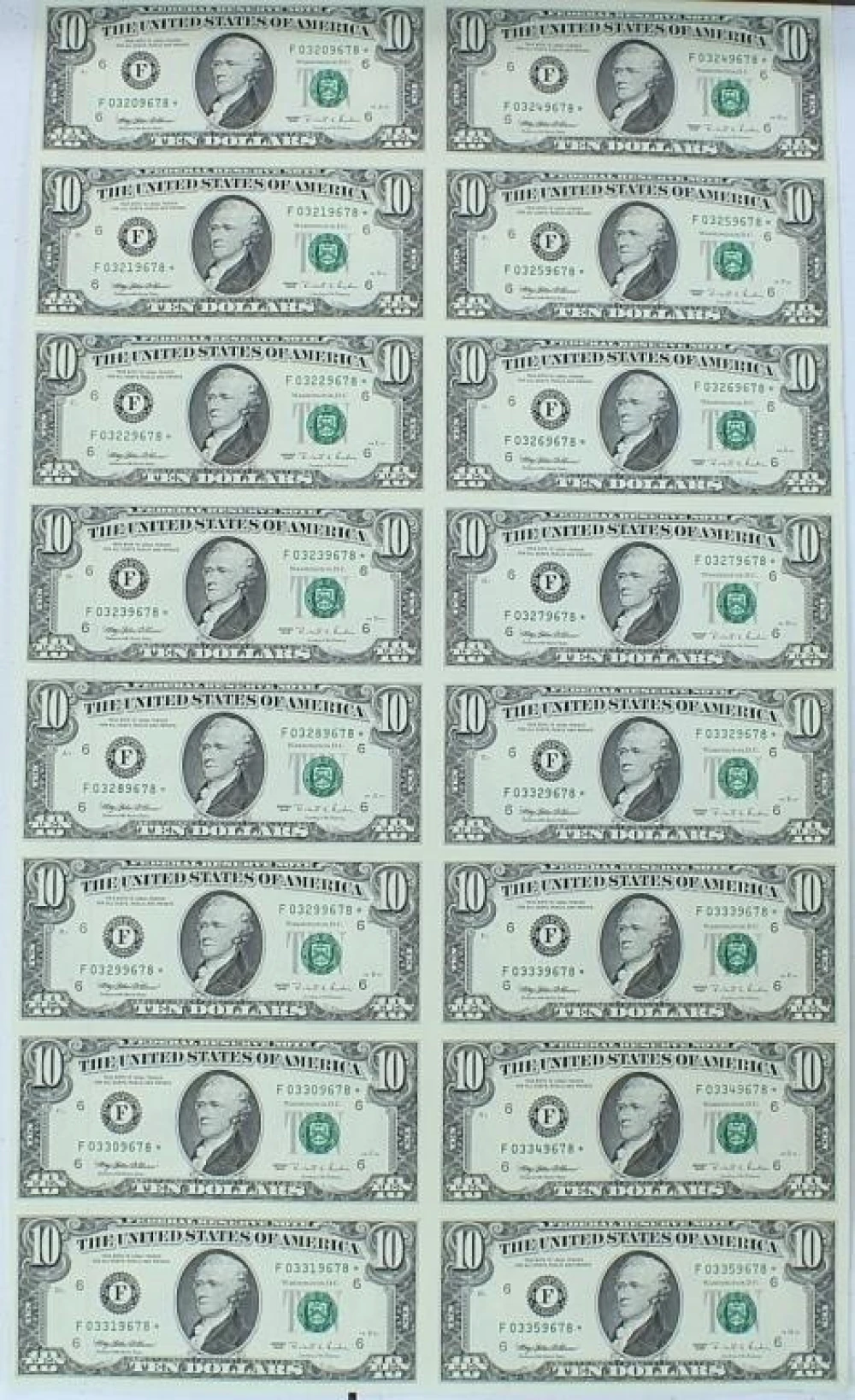 16 Note Sheet of 1995 $10 Star Notes