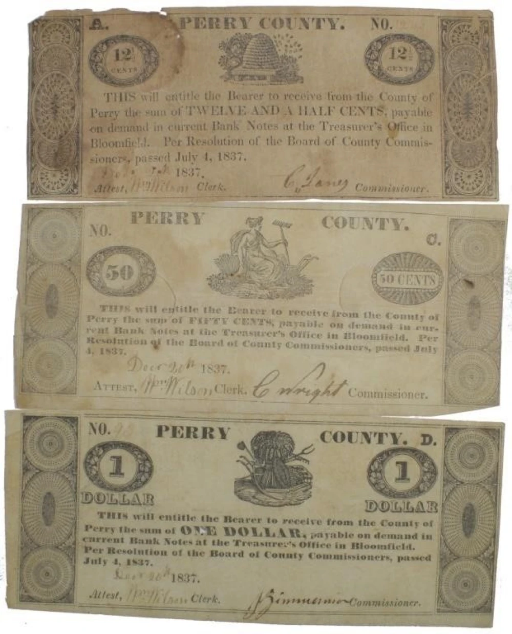 3 Pieces 1837 Perry County PA Municipal Notes