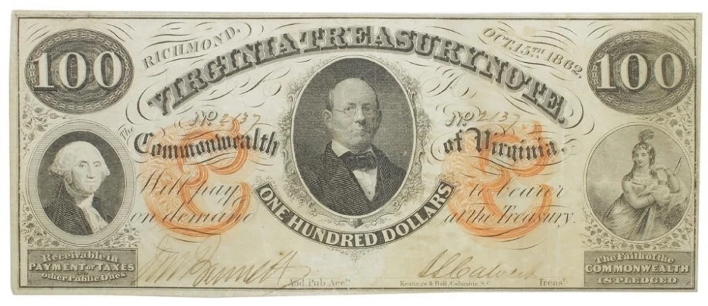 Virginia. 1862 $100 Treasury Note