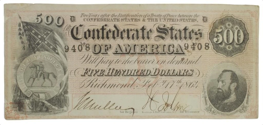 Crisp VF+ 1864 Confederate $500