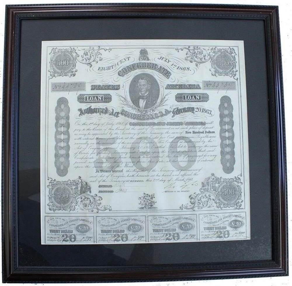 Framed 1863 Confederate $500 Bond