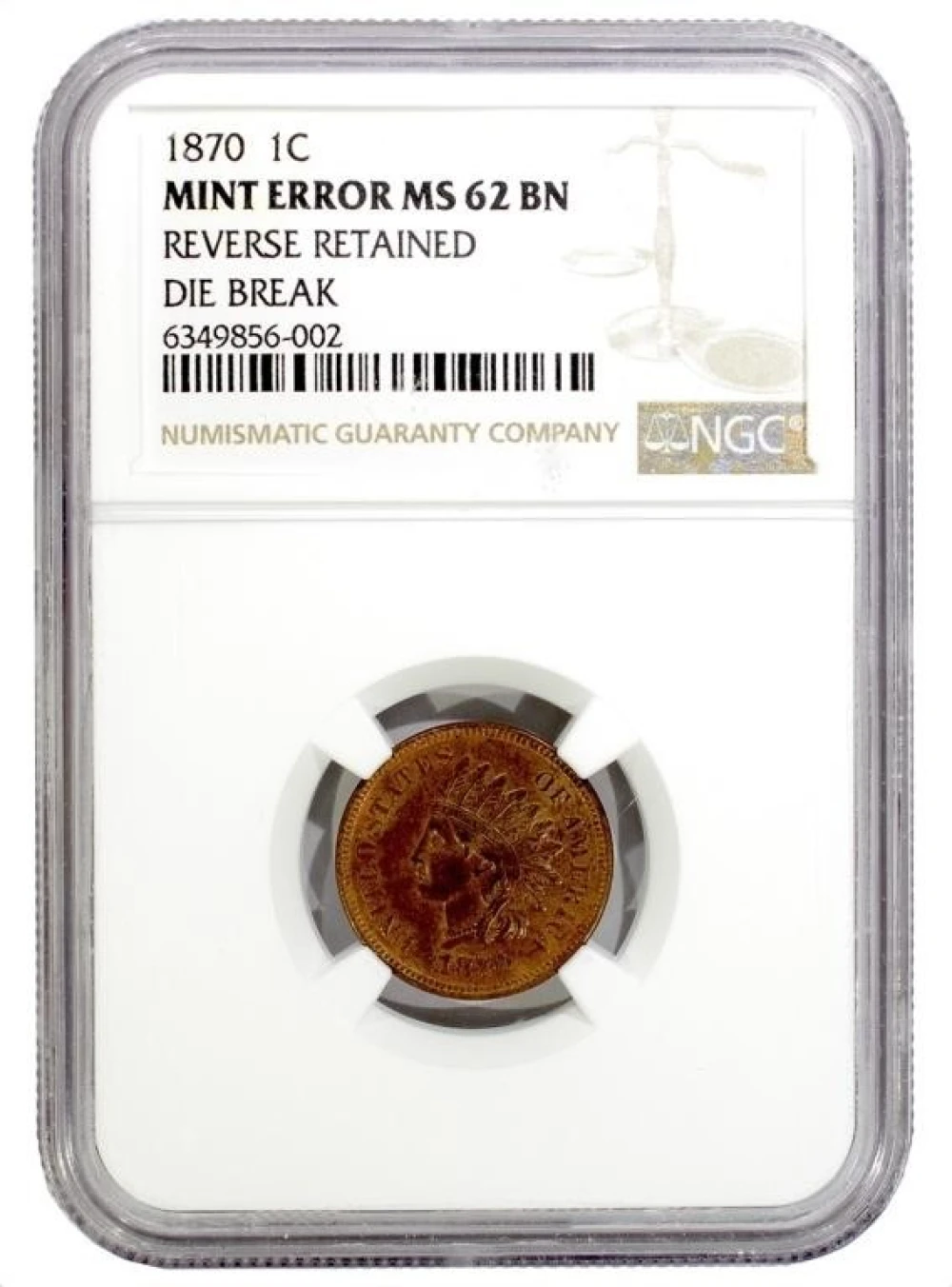 NGC MS-62 BN 1870 Indian Cent Mint Error