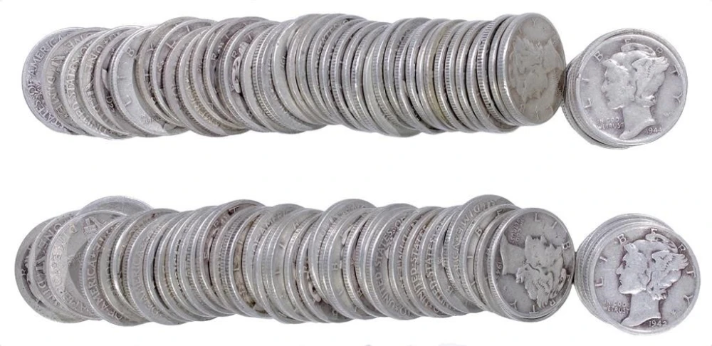 2 Circulated Rolls of Mercury Dimes