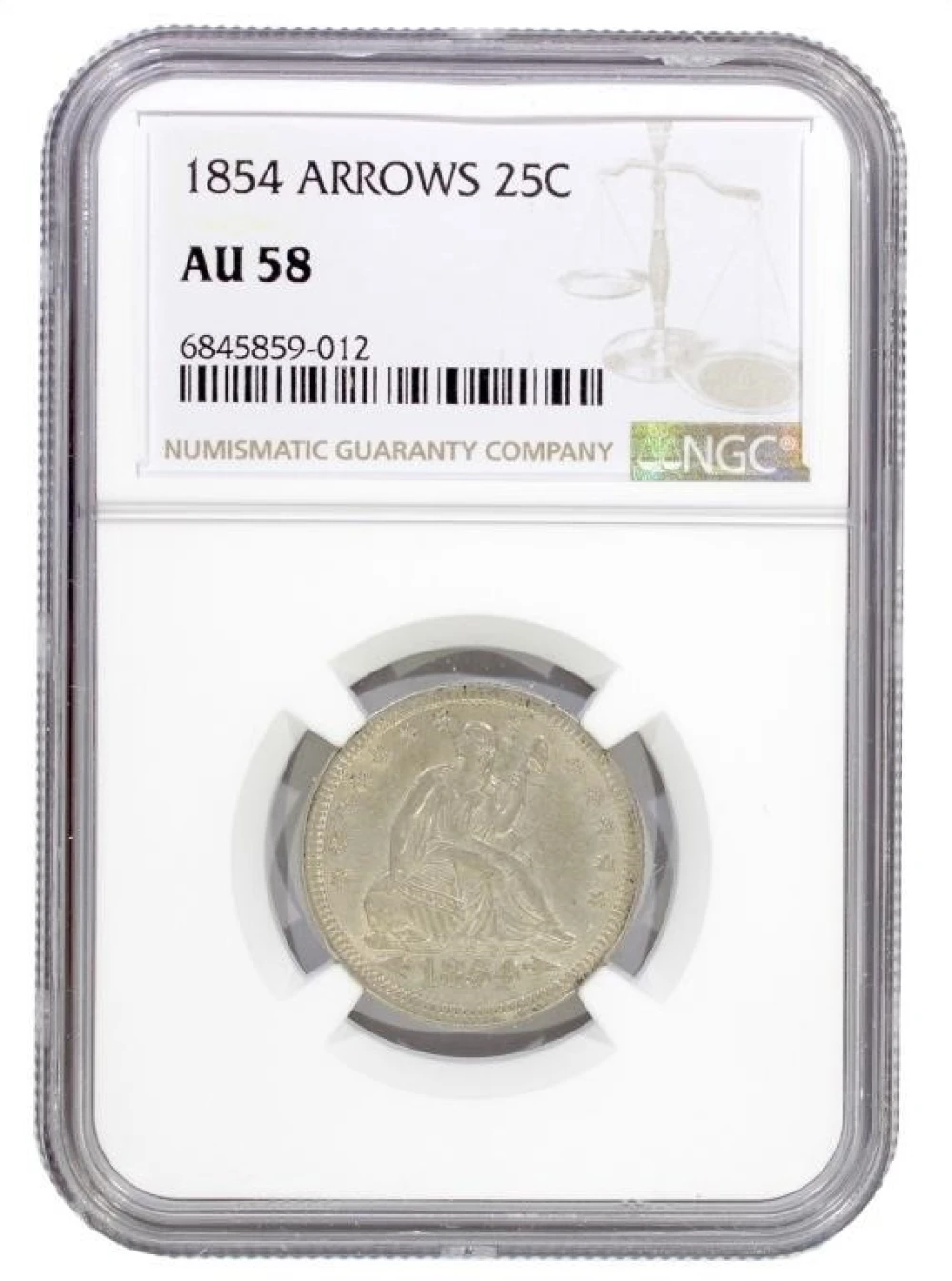NGC AU-58 1854 Arrows Seated Quarter