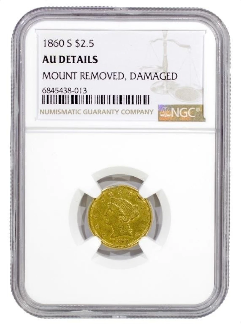 Rare NGC AU Details 1860-S $2.50 Gold Liberty