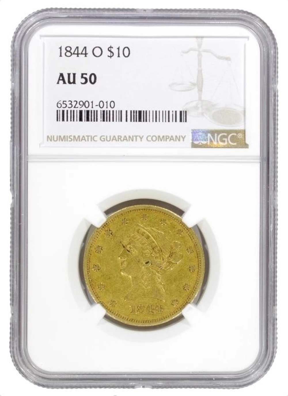NGC AU-50 1844-O $10 Gold Liberty