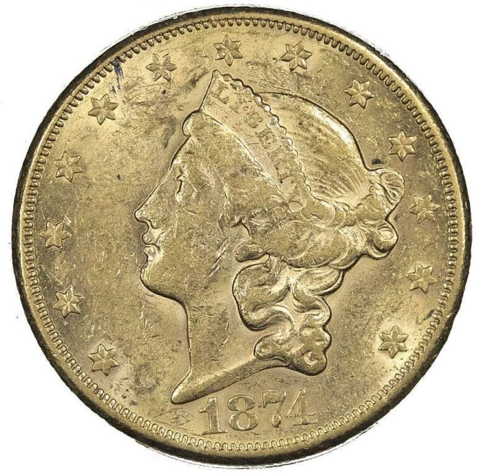 AU-58 1874-CC $20 Liberty Gold