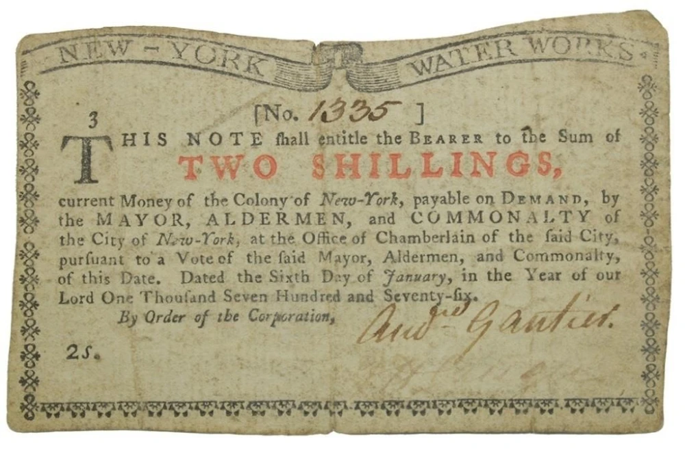 Fine 1776 New York Water Works Two Shillings