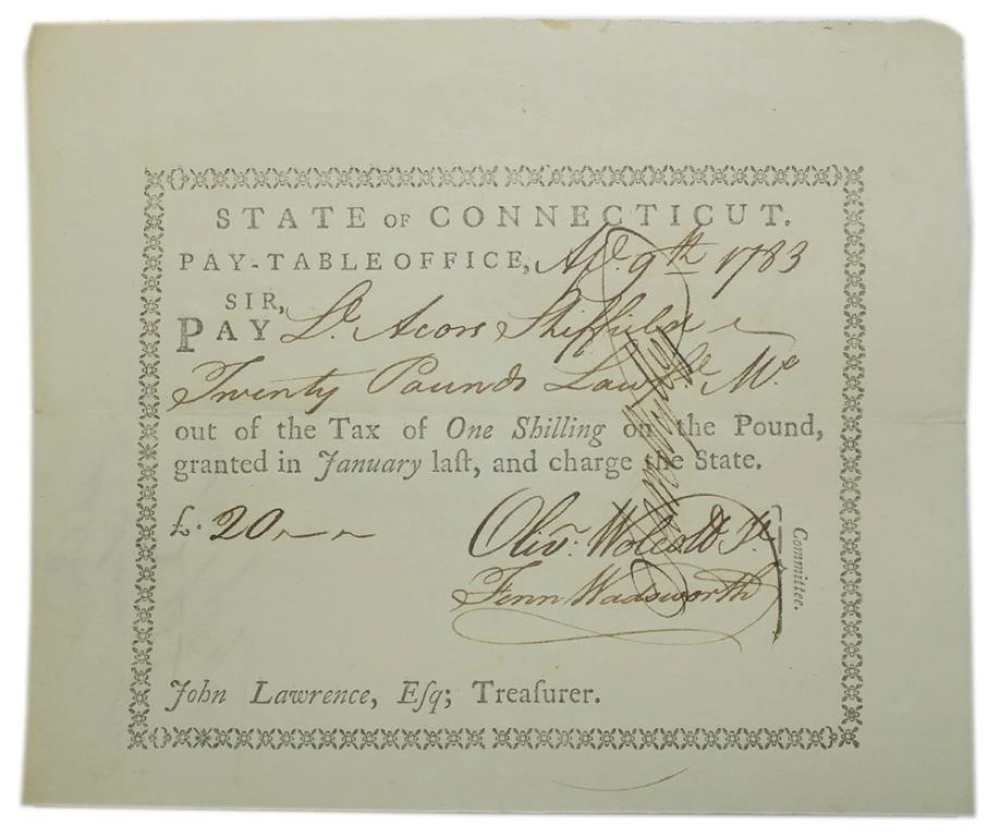 Connecticut. 1783 Pay-Table Office Certificate