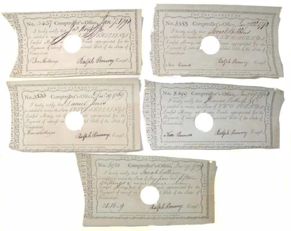 5 Pieces 1789-91 Connecticut Payment Slips