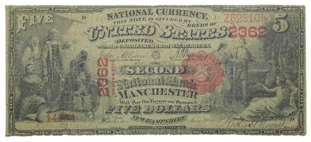 New Hampshire. Manchester. 1875 $5 Note Rarity
