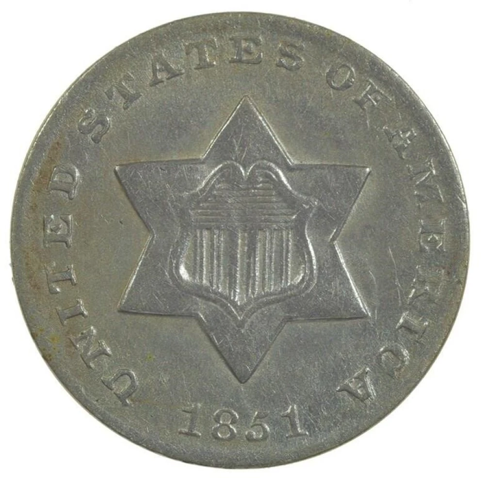 AU-58 Details 1851 Silver Three-Cents