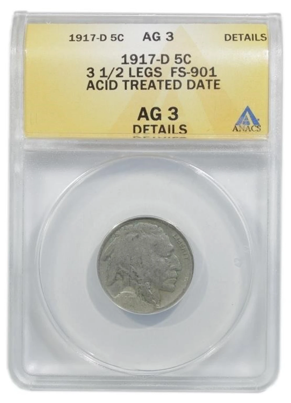 ANACS AG-3 Details 1917-D Nickel