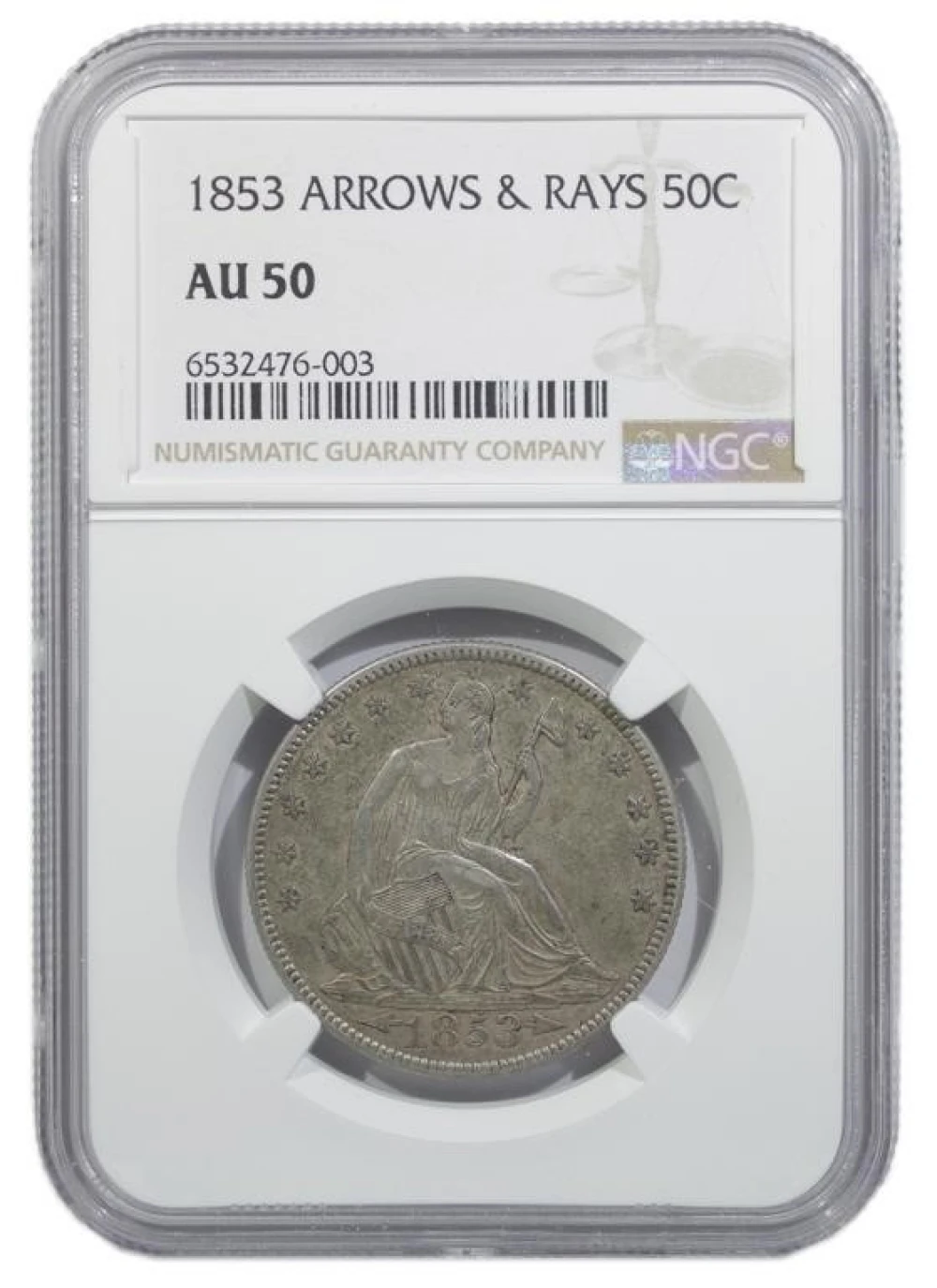 NGC AU-50 1853 Arrows and Rays Half Dollar