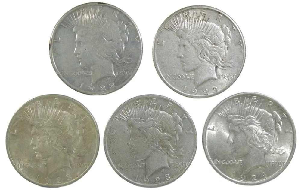 Five EF to Unc Peace Dollars