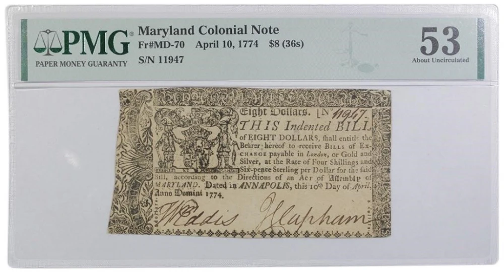 Maryland. Colonial. PMG-53 1774 $8 Note