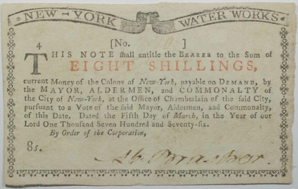 New-York Water Works. 1776 Eight Shillings Note