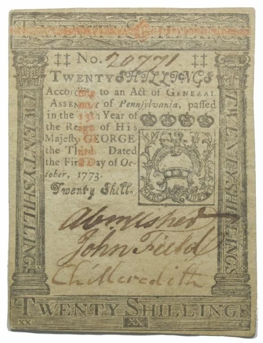 Pennsylvania. AU 1773 Twenty Shillings