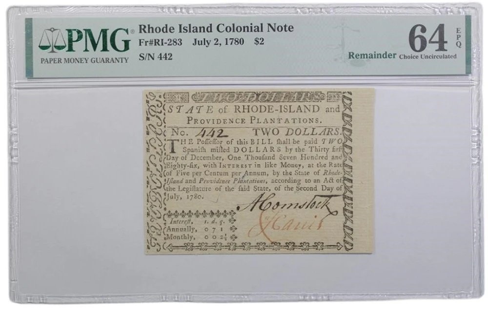 Rhode Island. State. PMG-64 EPQ 1780 $2 Note