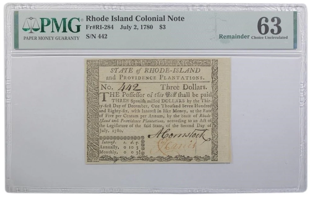 Rhode Island. State. PMG-63 1780 $3 Note