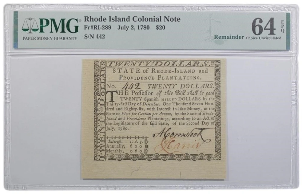 Rhode Island. State. PMG-64 EPQ 1780 $20 Note
