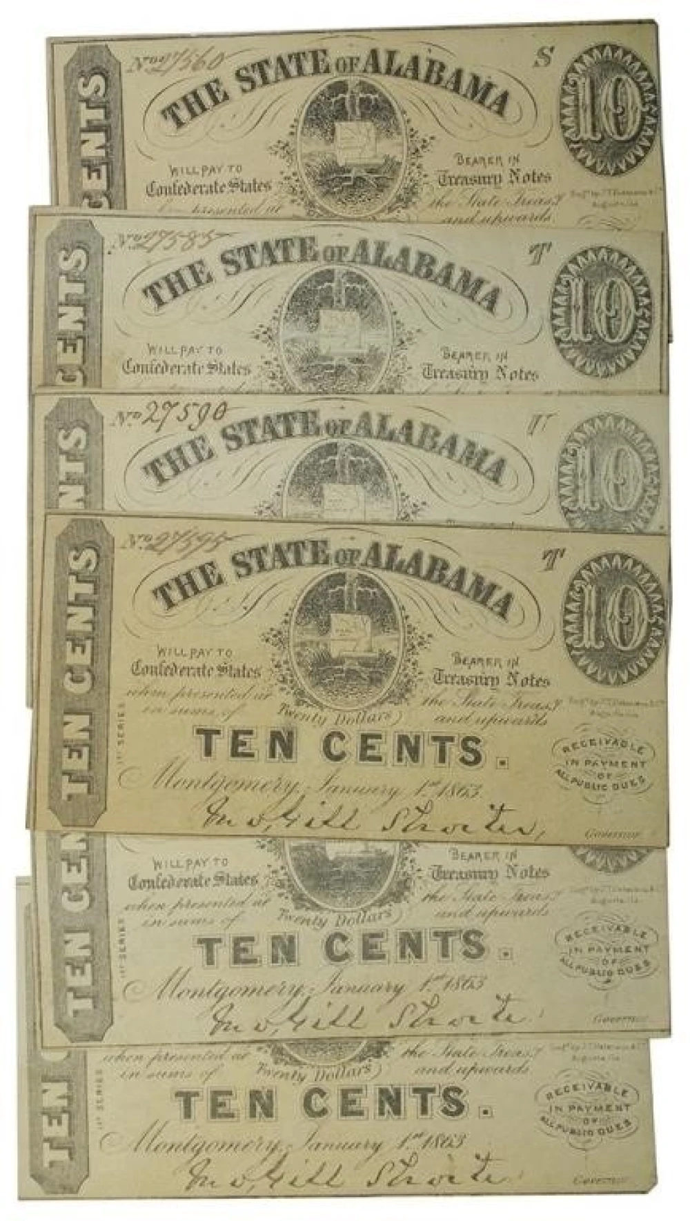 Alabama. Six EF or finer 10-Cents Notes