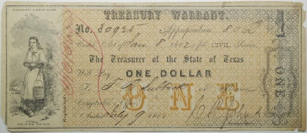 Texas. Austin. 1862 $1 Treasury Warrant Error