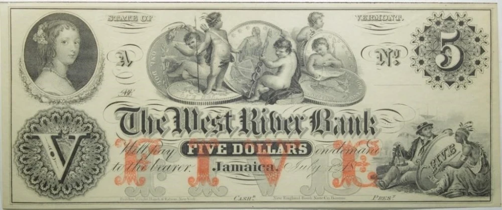Vermont. Jamaica. Crisp New $5 Remainder