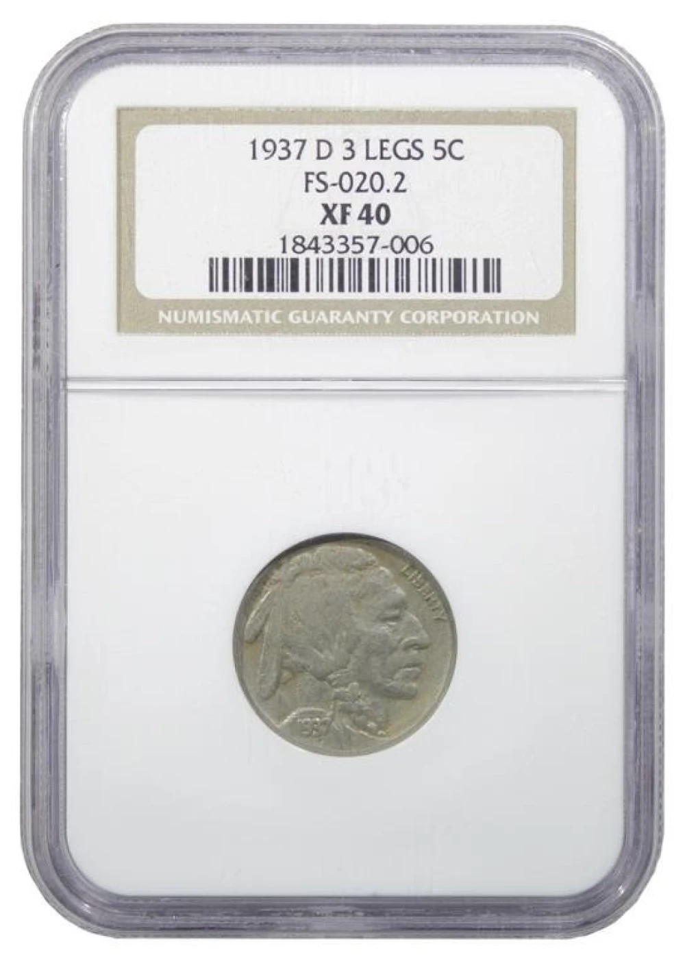 NGC EF-40 1937-D 3 Leg Buffalo Nickel