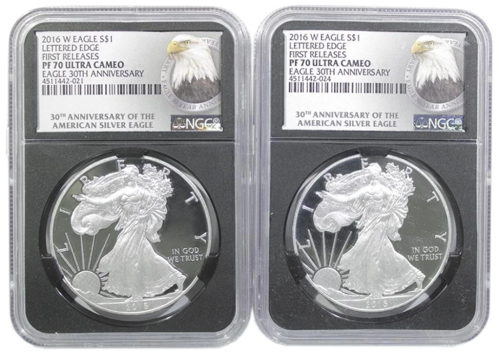 Pair of 2016-W PF-70 Ultra Cameo ER Silver Eagles