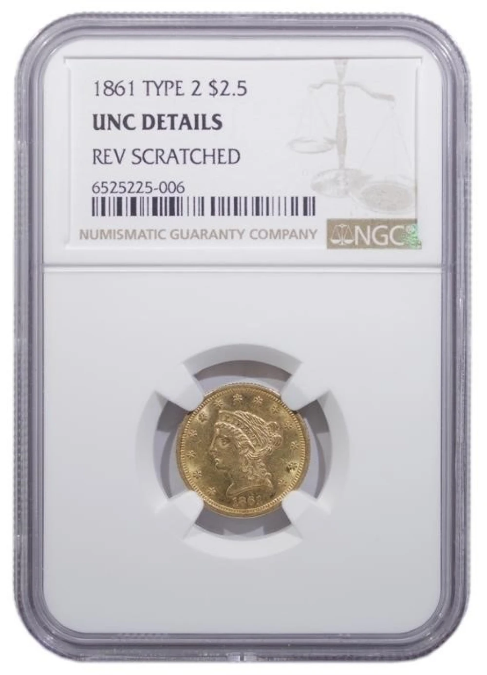 NGC Unc Details 1861 Type II Gold $2.50