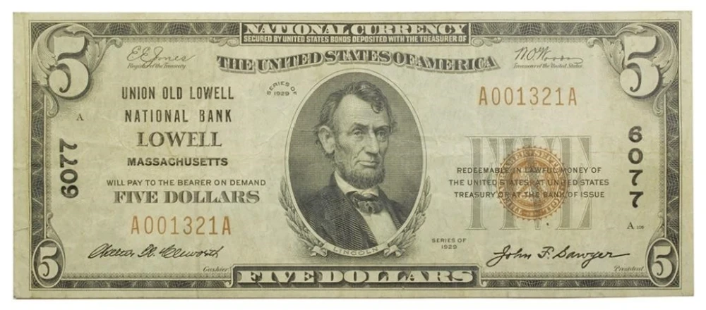 Massachusetts. Lowell. VF Series 1929 $5