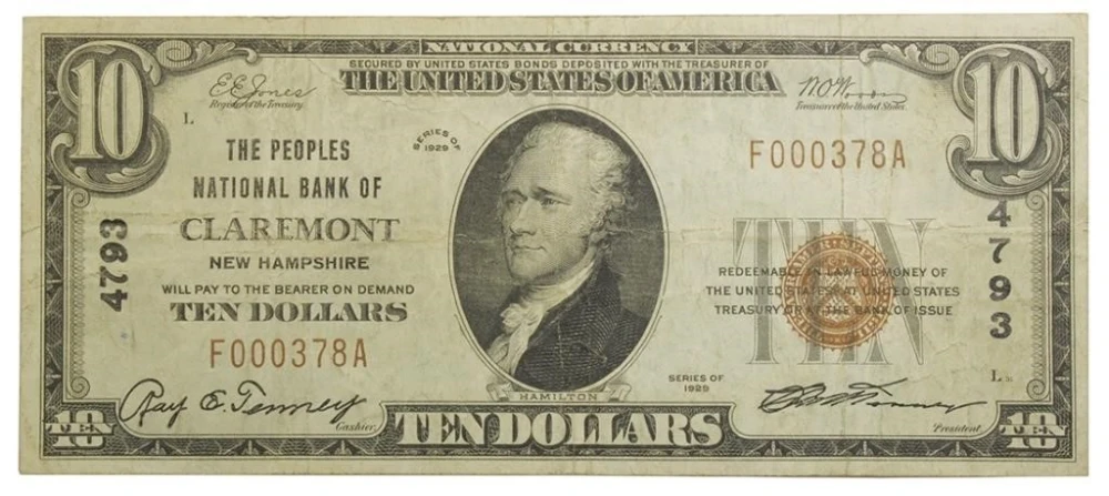 New Hampshire. Claremont. VF Series 1929 $10