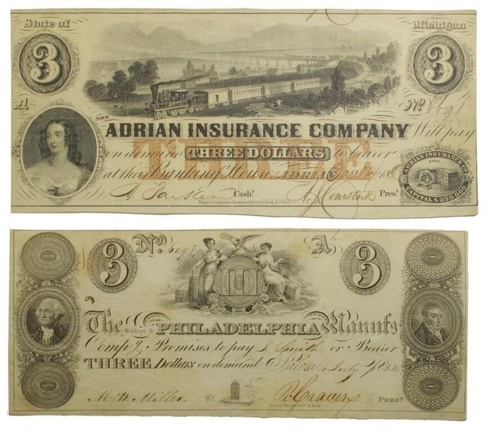 Michigan and Pennsylvania Obsolete $3 Note Pair