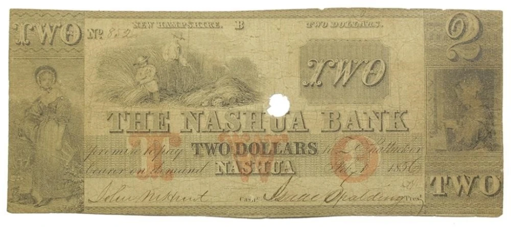 New Hampshire. Nashua. Fine 1856 $2 Note