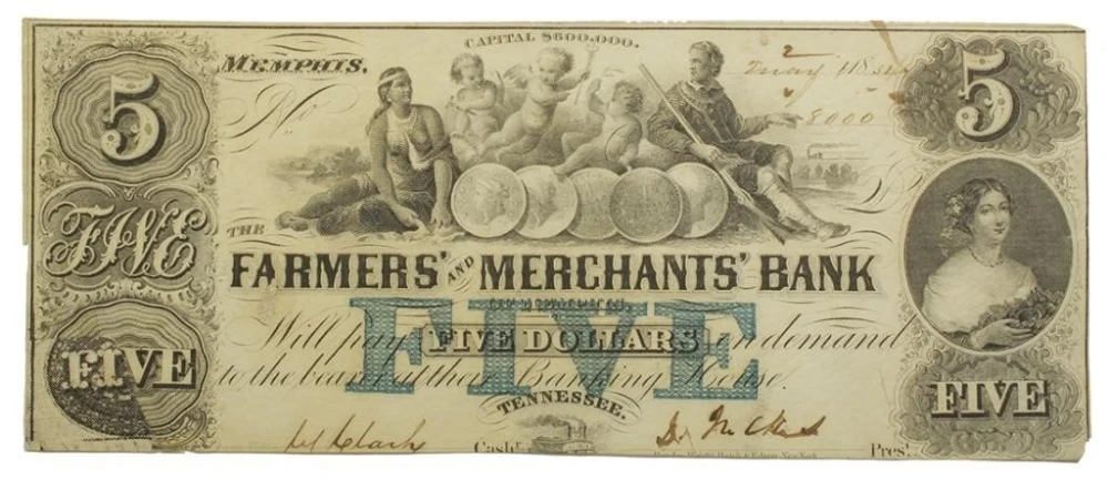 Tennessee. Memphis. EF $5 Gold Dollars Note