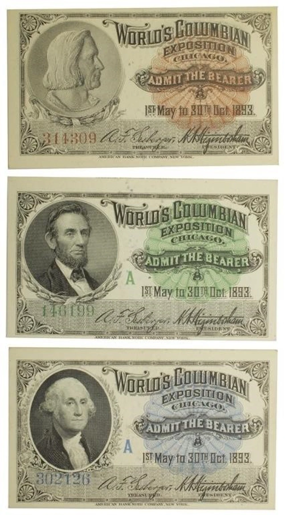 Crisp New 1893 Columbian Expo Ticket Trio