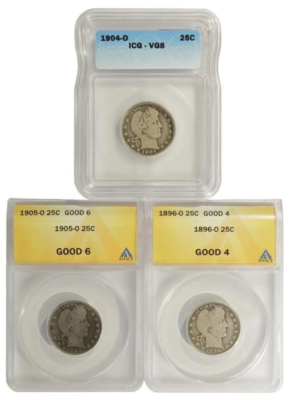 Certified New Orleans Mint Barber Quarter Trio