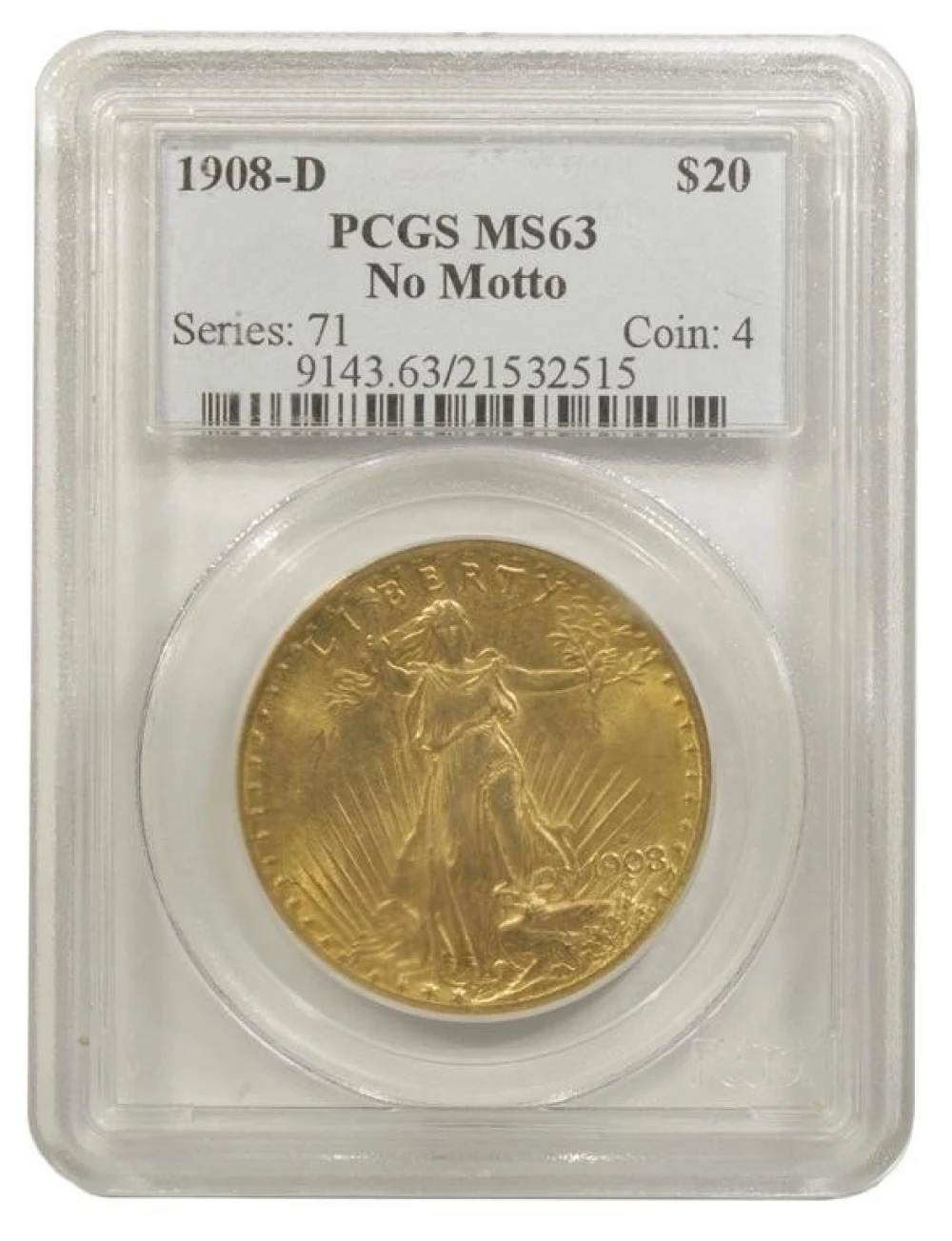 PCGS MS-63 1908-D No Motto Gold $20