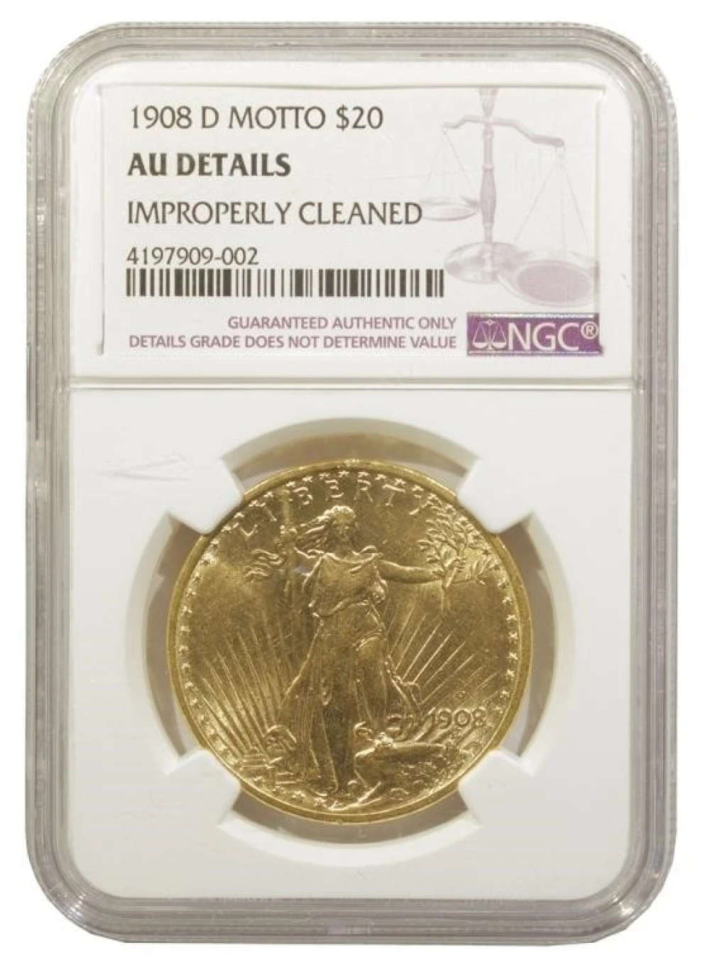 NGC AU Details 1908-D With Motto Gold $20