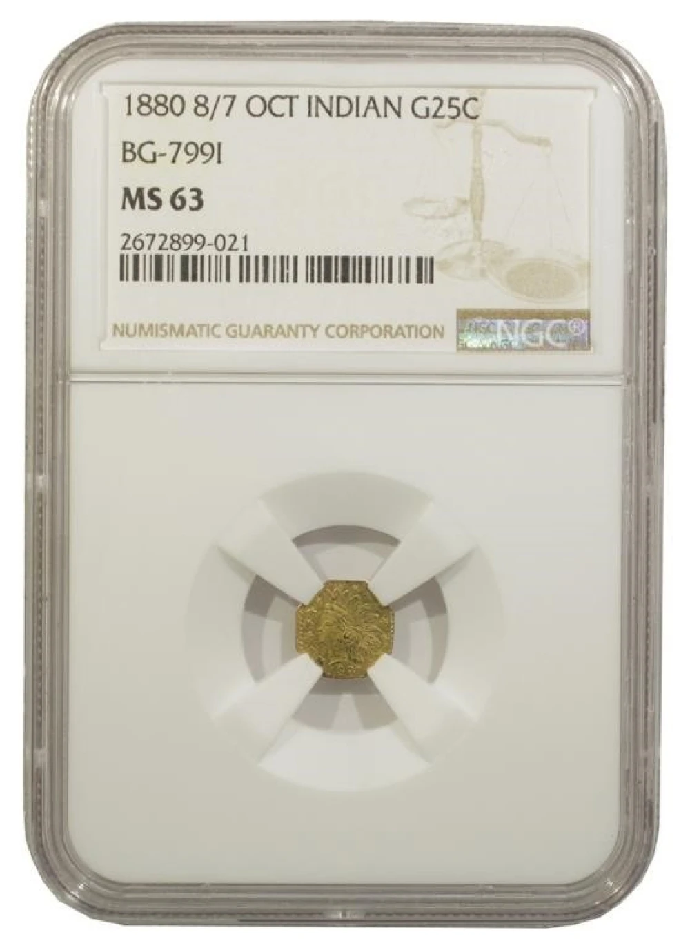 NGC MS-63 1880 8/7 Gold Octagonal Quarter