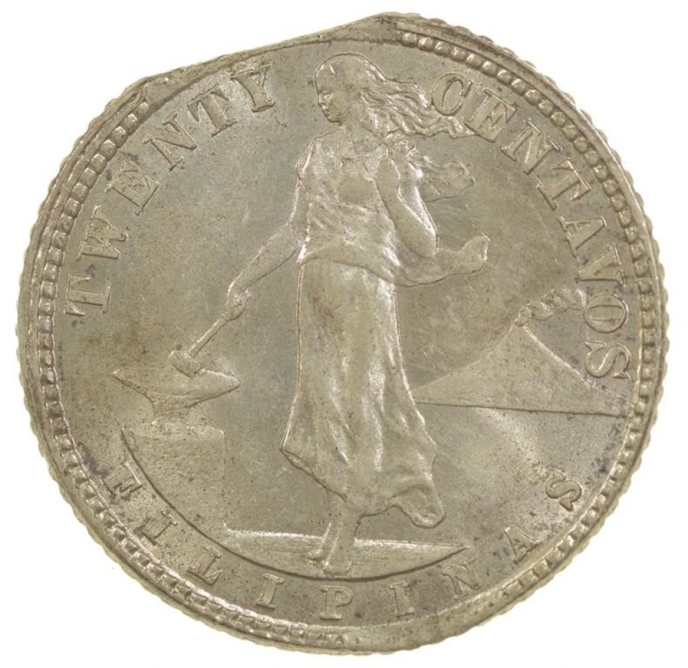 Philippines. Gem Straight Clip 1918-S 20 Centavos